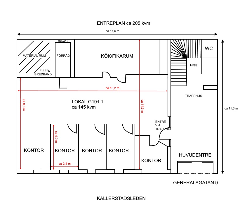 Planritning för kontoret G19:L1, 145 kvm, på Generalsgatan 9