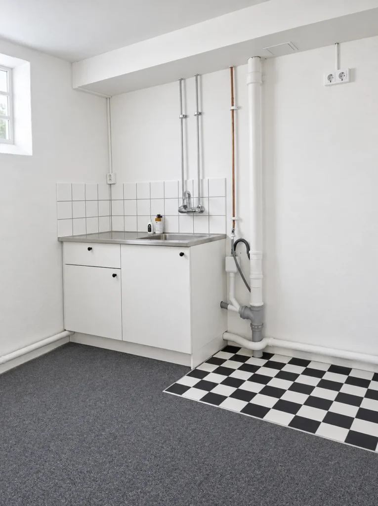 Diskbänk och underskåp i pentrydelen i lokal 1 på Snickaregatan 48